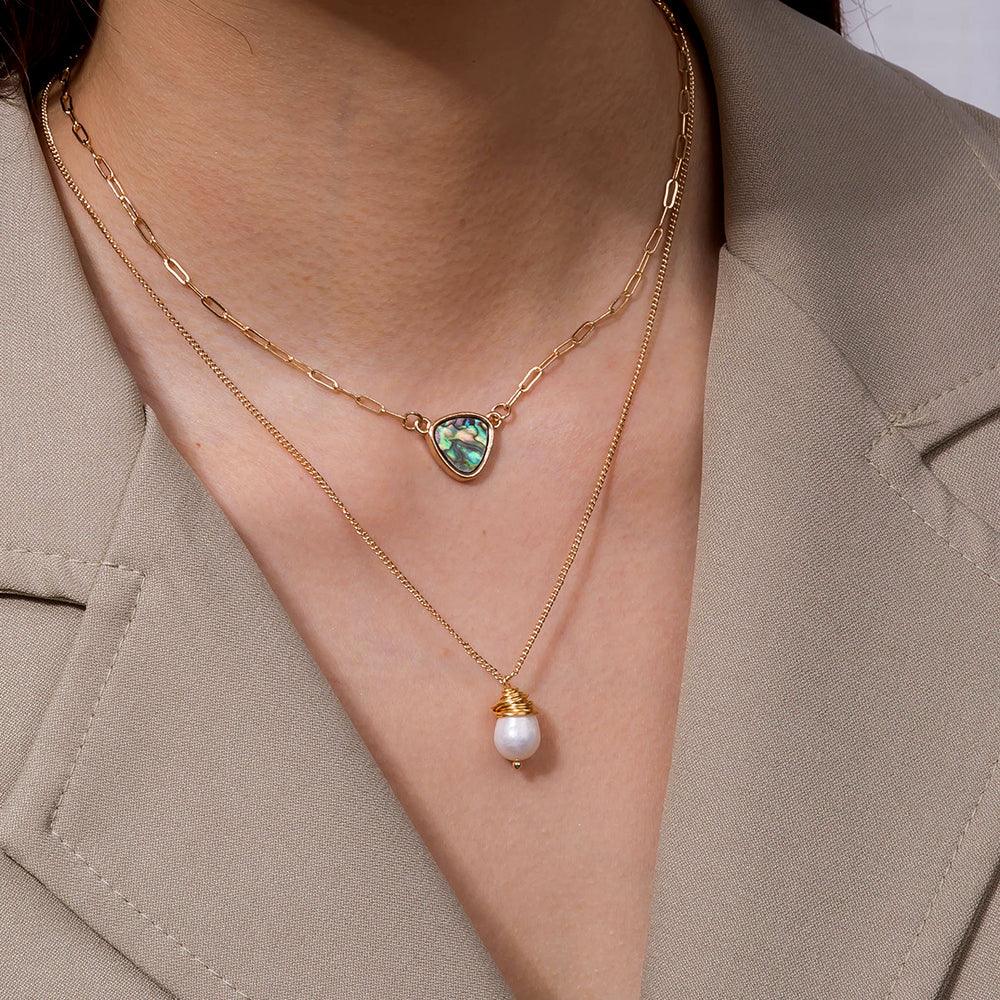 Two Layer Necklace With Abalone Pendant And Pearl Pendant by Hollywood Sensation®