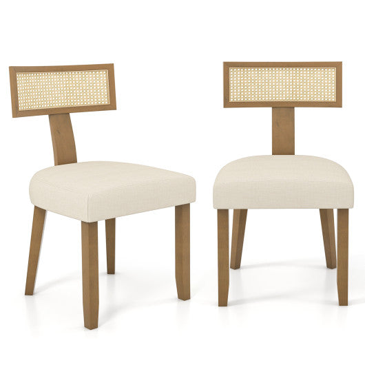 Set of 2 Linen Fabric Upholstered Accent Dining Chairs with Curved Rattan Backrests-Beige