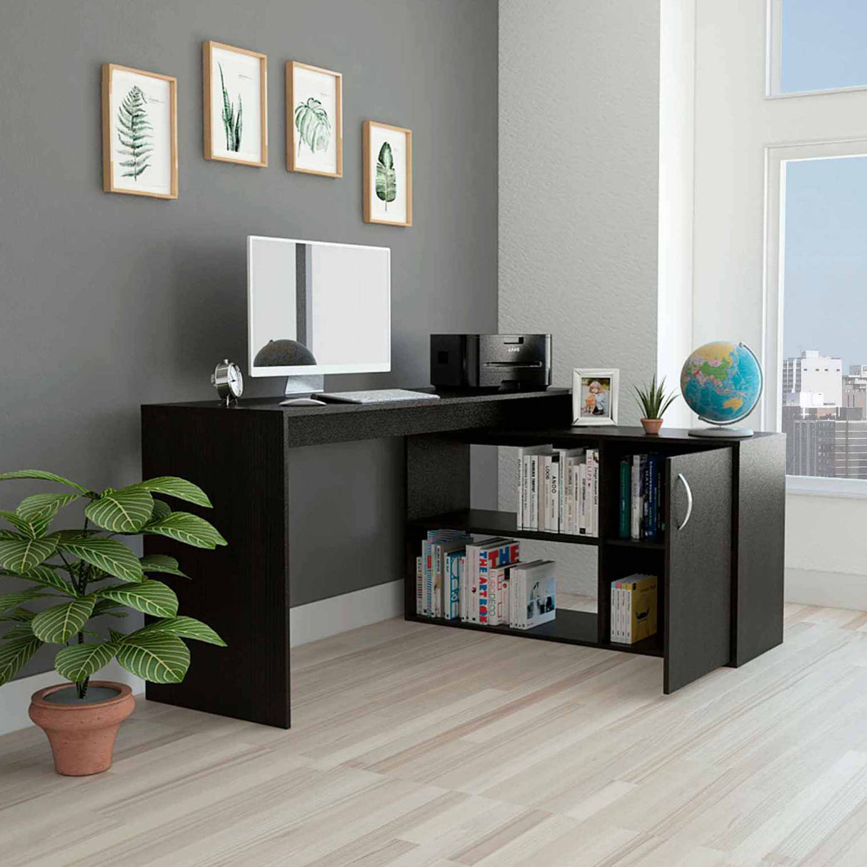 Dallas L-Shaped Home Office Desk, Two Shelves, One Drawer by FM FURNITURE