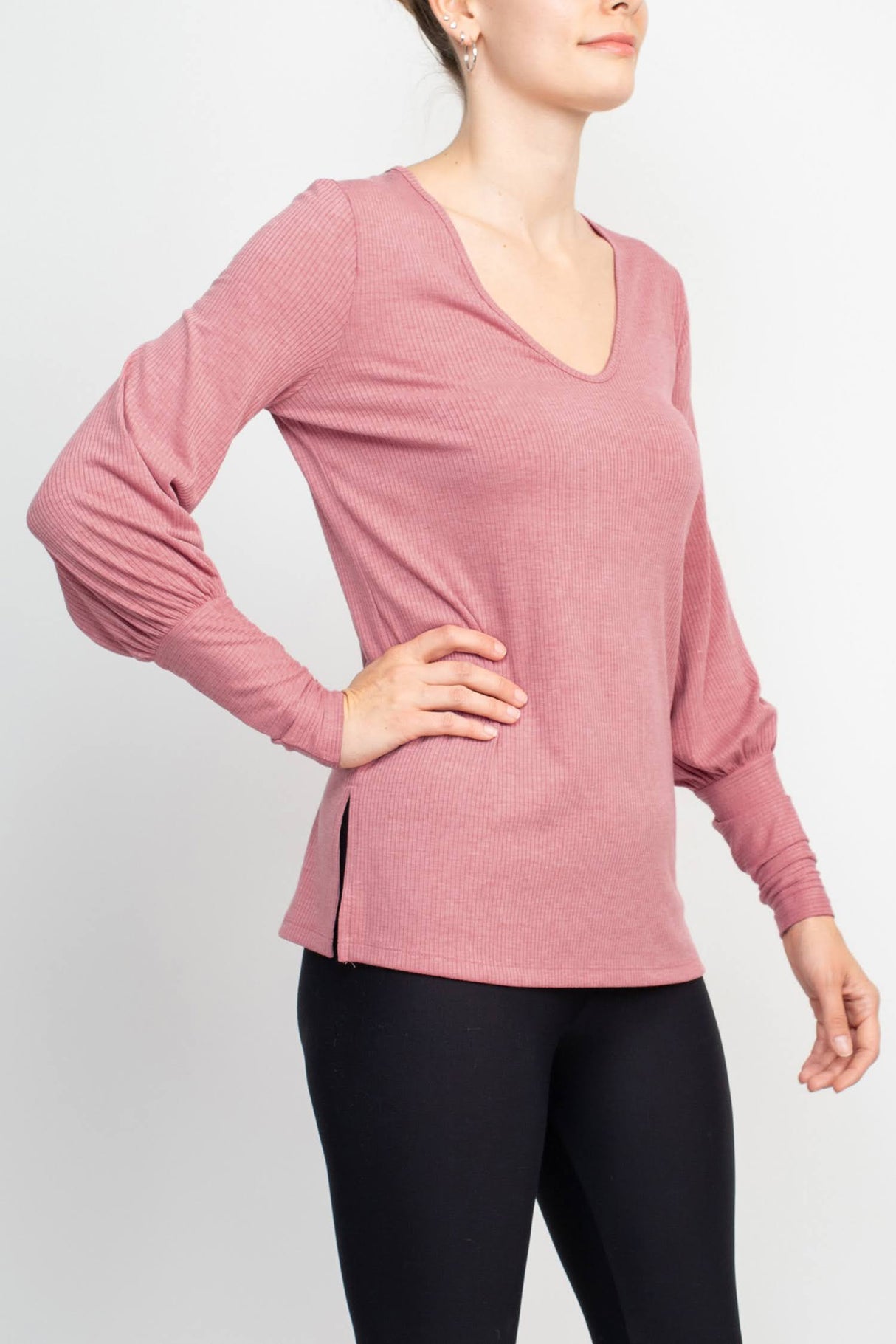 Ellen Tracy Scoop Neck Blouson Long Sleeve Solid Knit Jersey Top by Curated Brands