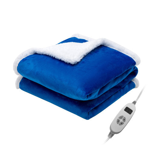 Electric Heated Blanket Throw Reversible Flannel and Sherpa Blanket-Blue