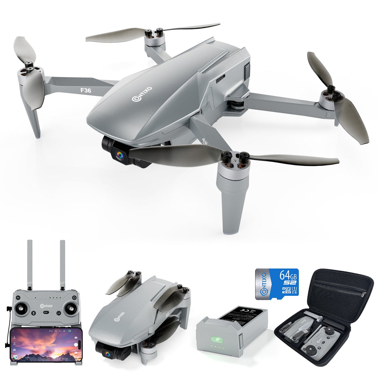 Contixo F36 Silver Horizon Remote Control FPV Foldable Drone with 4K HD Camera, 64GB MicroSD Card, & Carrying Case by Contixo