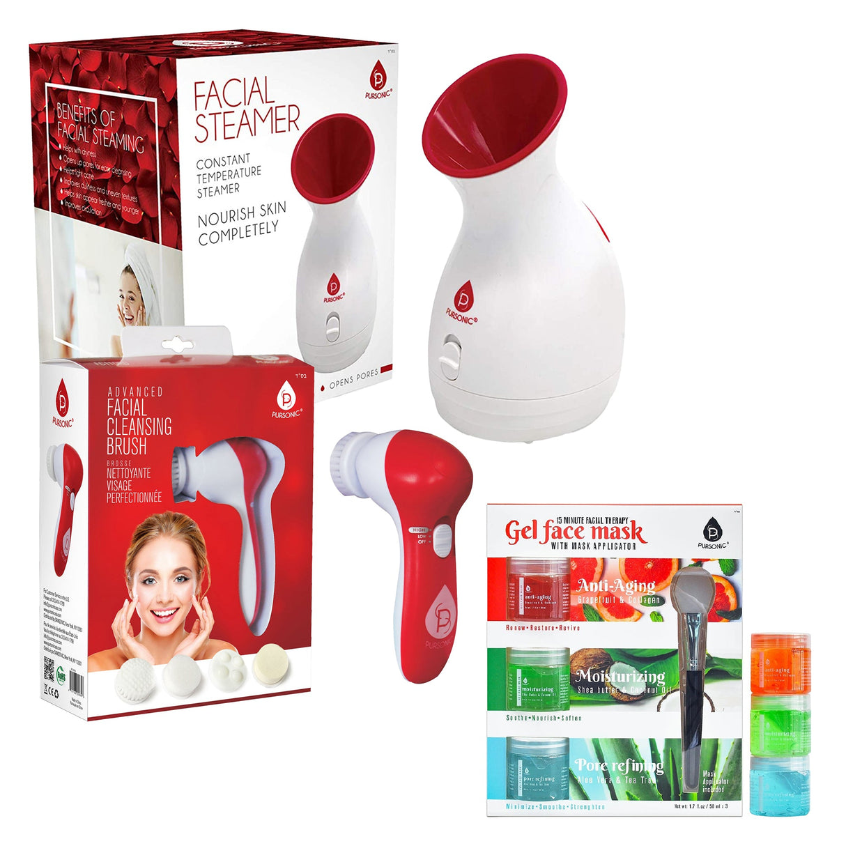 Pursonic Spa Facial Care Bundle: Facial Steamer, Cleansing Brush, & Gel Face Masks by Pursonic