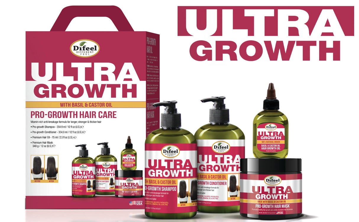 Difeel Ultra Growth with Basil & Castor Oil 4-PC Hair Care Gift Set - Includes Shampoo 12 oz. , Conditioner 12 oz. , Hair Oil 2.5oz and Hair Mask 12 oz. . by difeel - find your natural beauty