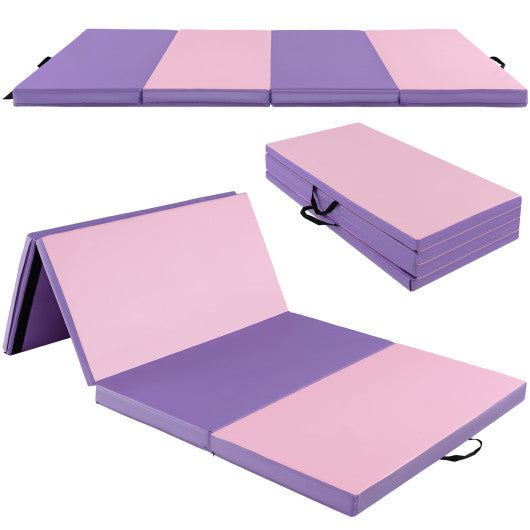 Folding Gymnastics Mat with Carry Handles and Sweatproof Detachable PU Leather Cover-Pink