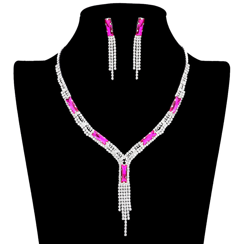 Rectangle Stone Accented Rhinestone Fringe Tip Jewelry Set by Madeline Love