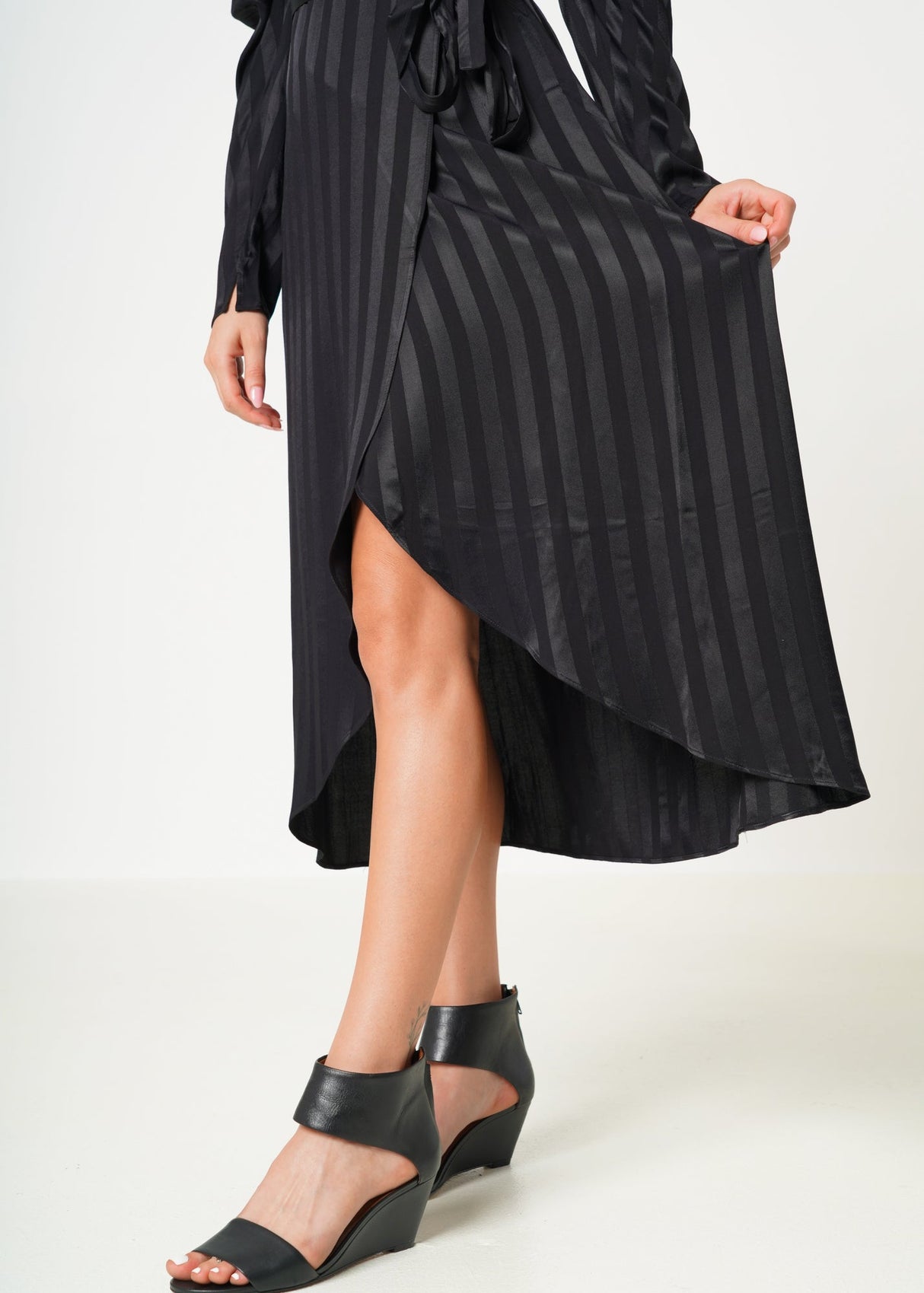 Stripe Satin Long Sleeve Mini Dress in Black by Shop at Konus