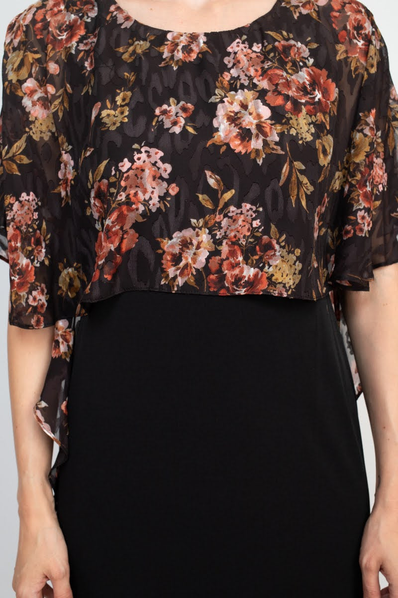 Glamour Nights Scoop Neck Floral Print Cape Short Sleeve ITY Dress by Curated Brands