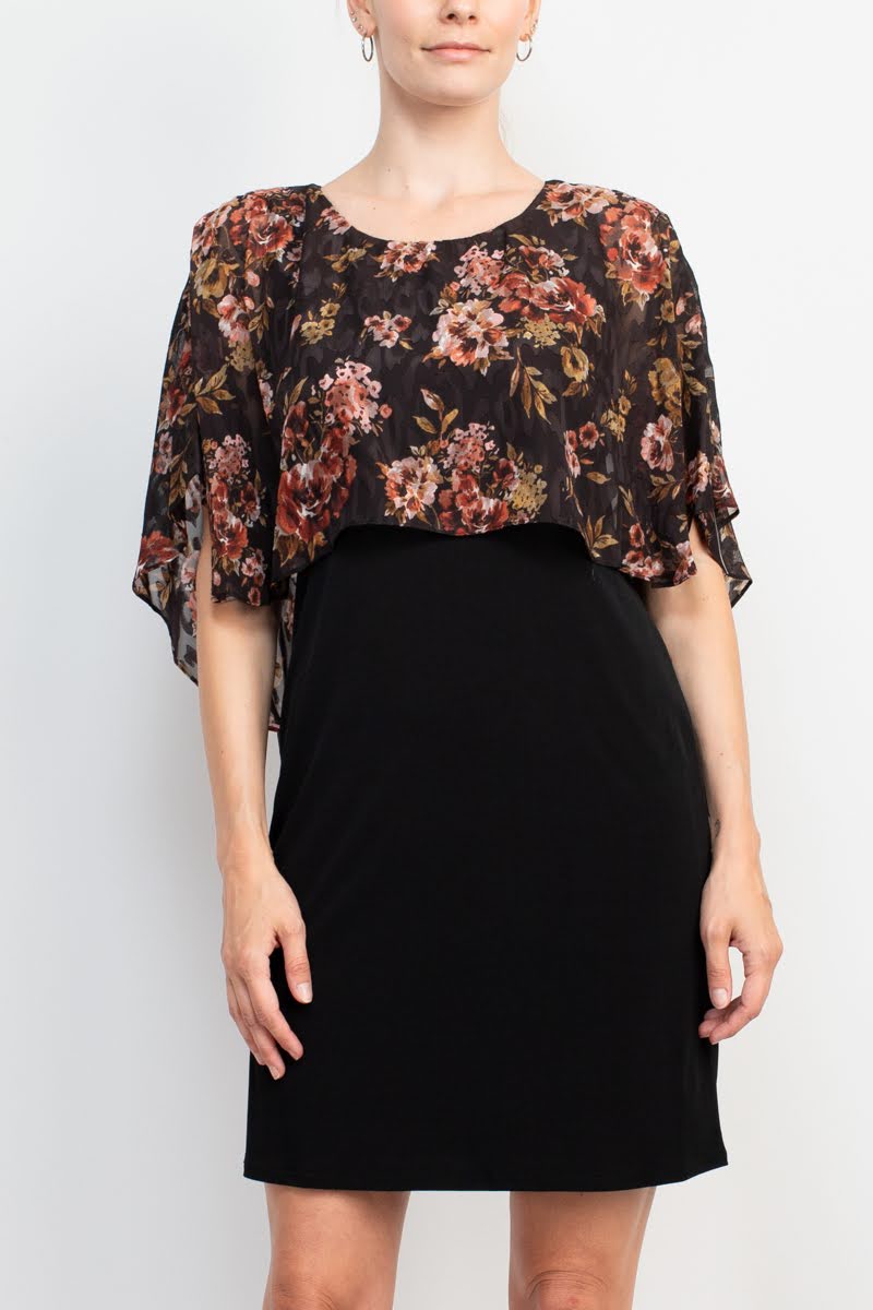 Glamour Nights Scoop Neck Floral Print Cape Short Sleeve ITY Dress by Curated Brands