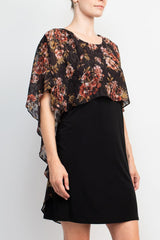 Glamour Nights Scoop Neck Floral Print Cape Short Sleeve ITY Dress by Curated Brands