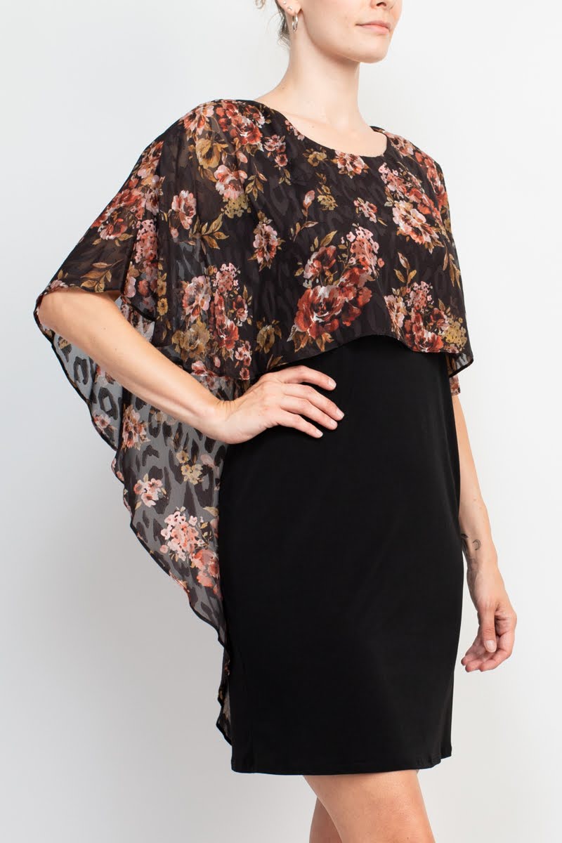 Glamour Nights Scoop Neck Floral Print Cape Short Sleeve ITY Dress by Curated Brands