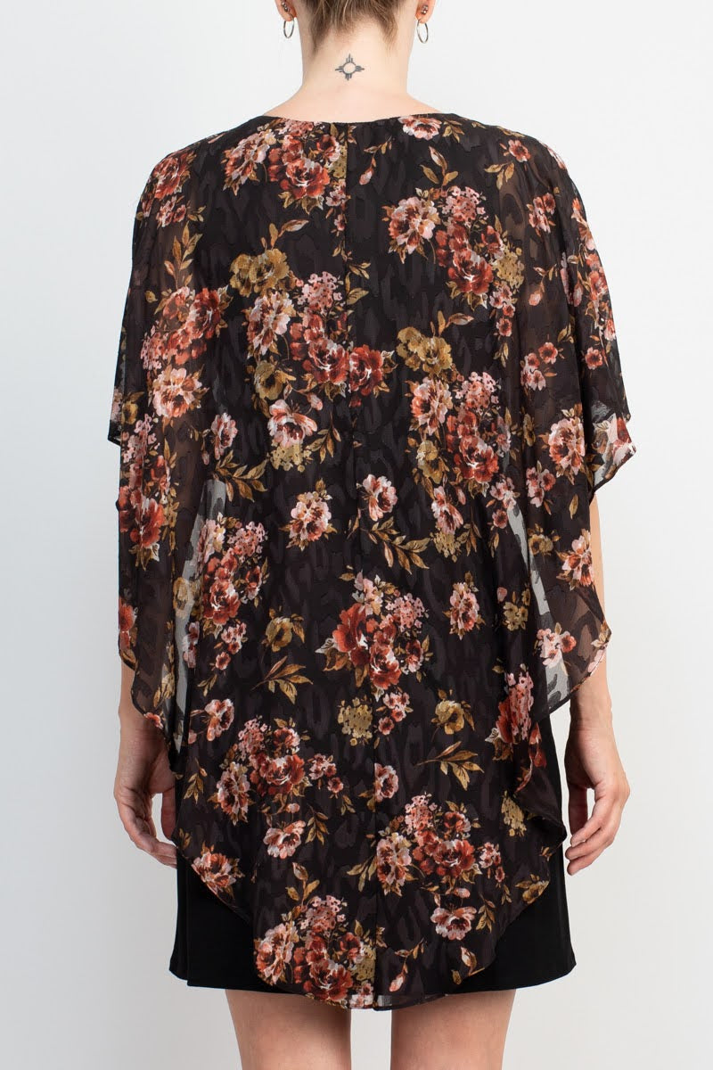 Glamour Nights Scoop Neck Floral Print Cape Short Sleeve ITY Dress by Curated Brands