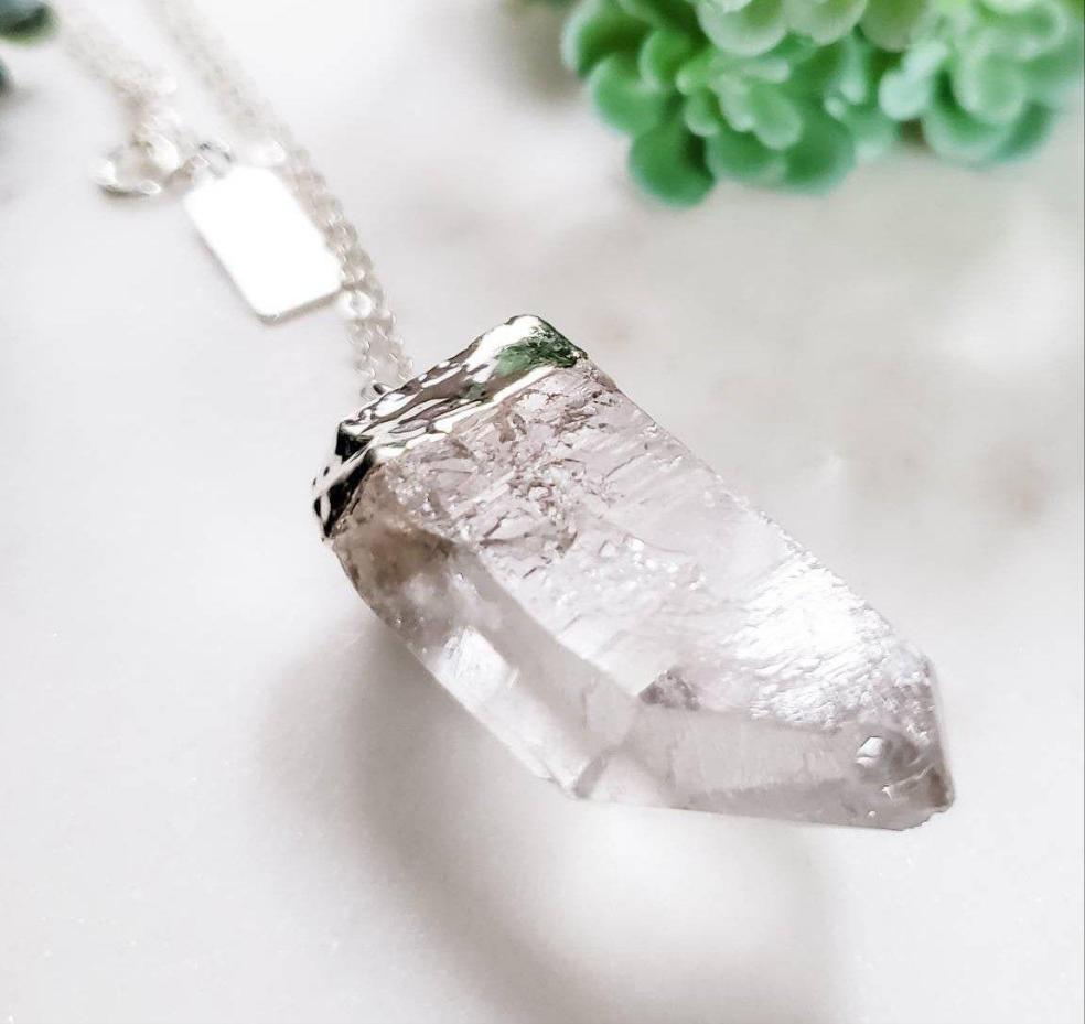 Giant Quartz Crystal Silver Necklace by Salt and Sparkle