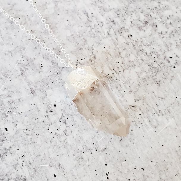 Giant Quartz Crystal Silver Necklace by Salt and Sparkle