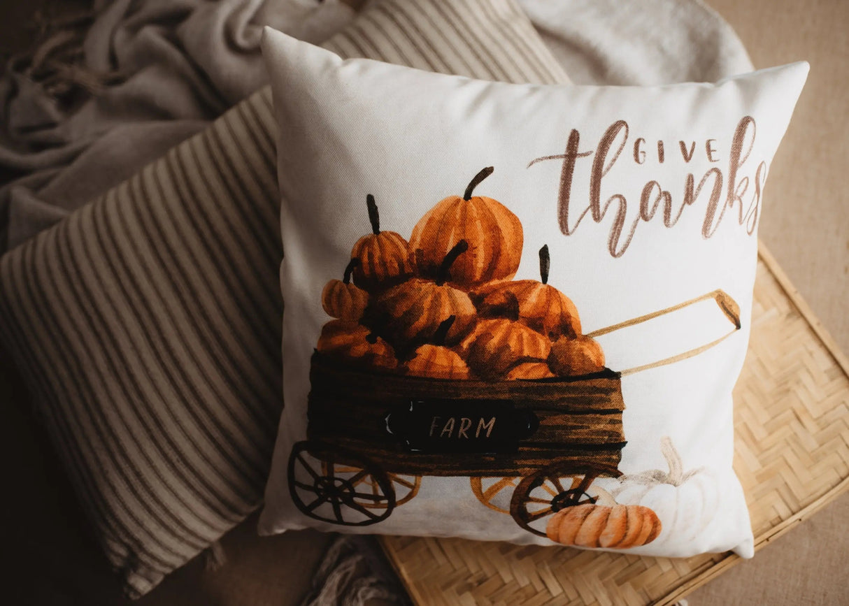 Give Thanks | Pumpkin Wagon Pillow | Farmhouse Pillows | Country Decor | Fall Throw Pillows | Cute Throw Pillow | Gift for her by UniikPillows