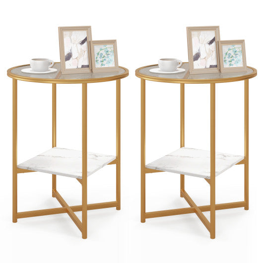 2-Tier Glass End Table Set of 2 with Faux Marble Storage Shelf-White