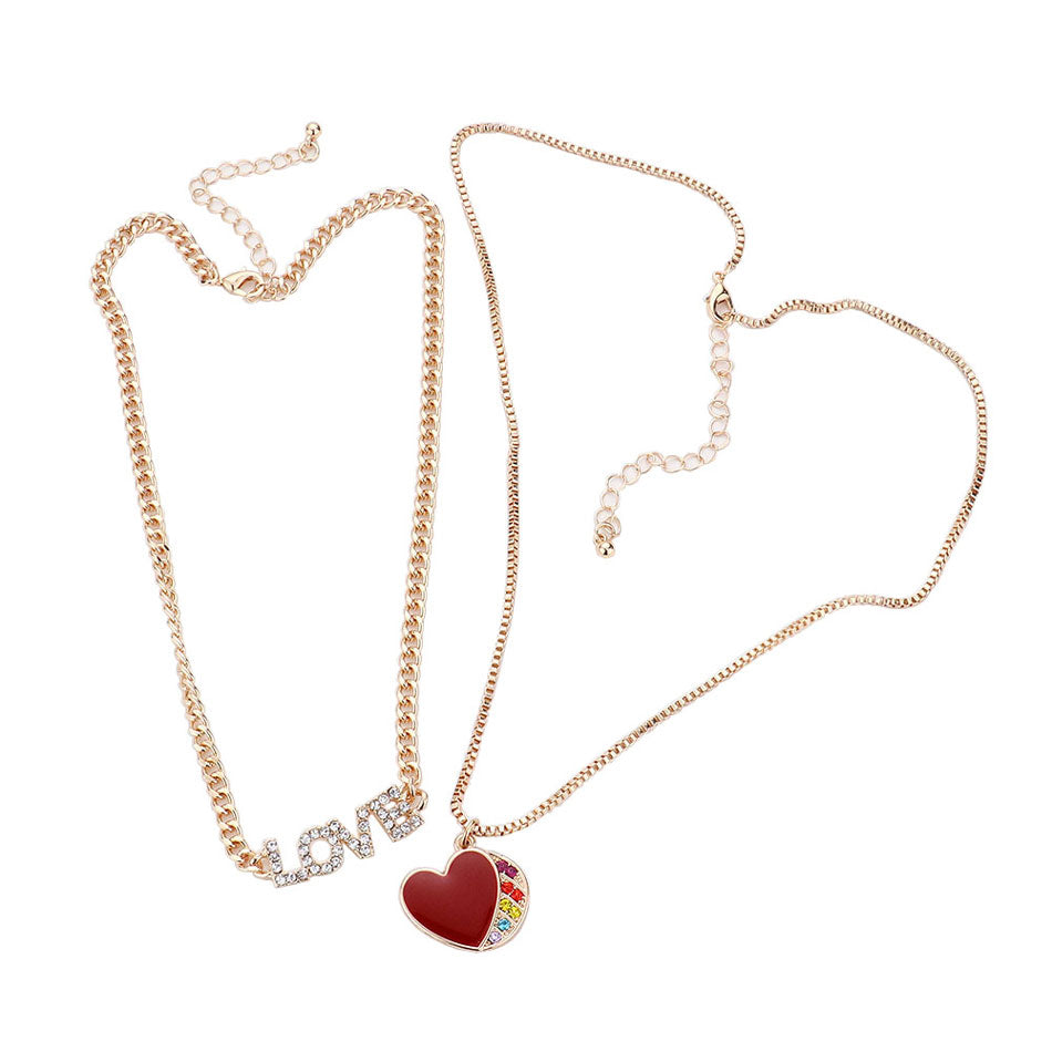 Rhinestone LOVE Message Enamel Heart Pendant Necklaces by Madeline Love