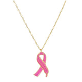 Gold Dipped Enamel Feather Detailed Pink Ribbon Necklace by Madeline Love