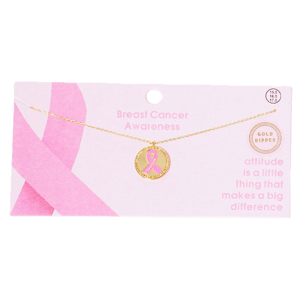 Gold Dipped Enamel Pink Ribbon Accented Metal Disc Necklace by Madeline Love