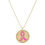 Gold Dipped Enamel Pink Ribbon Accented Metal Disc Necklace by Madeline Love