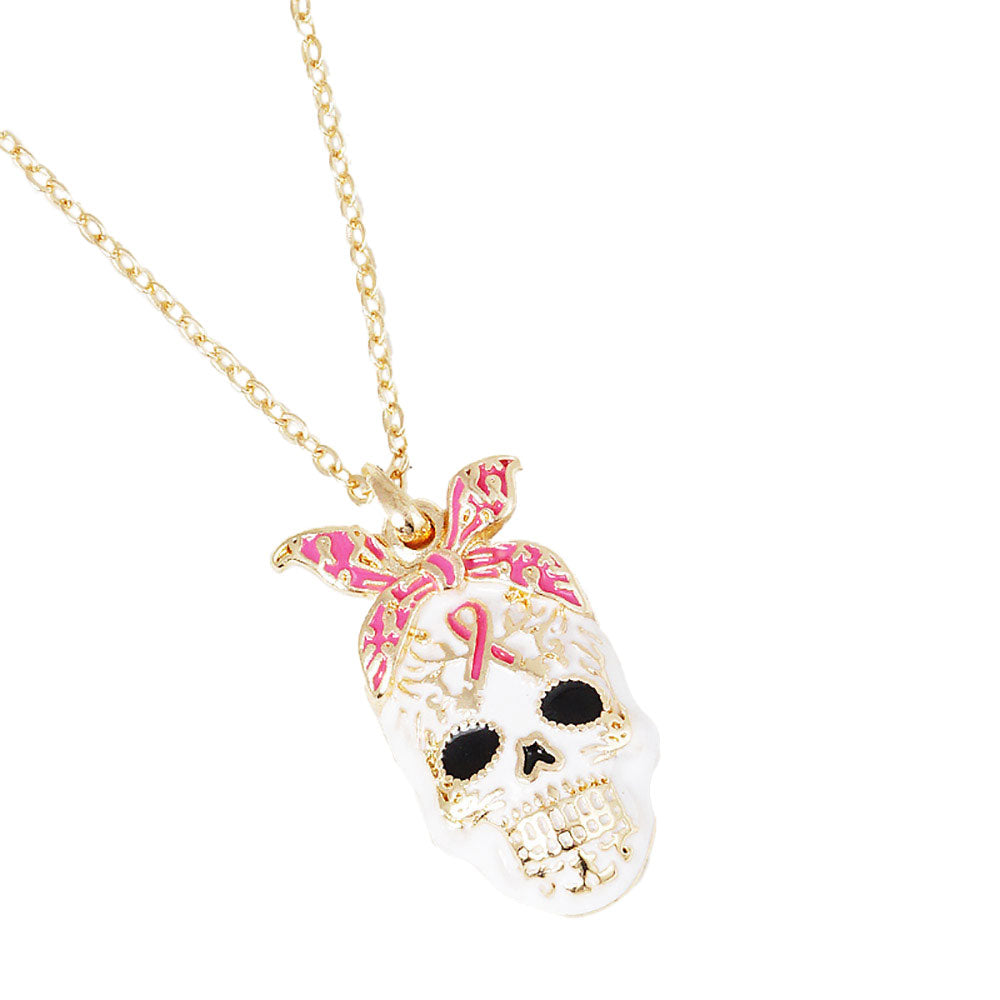 Gold Dipped Enamel Pink Ribbon Skull Pendant Necklace by Madeline Love