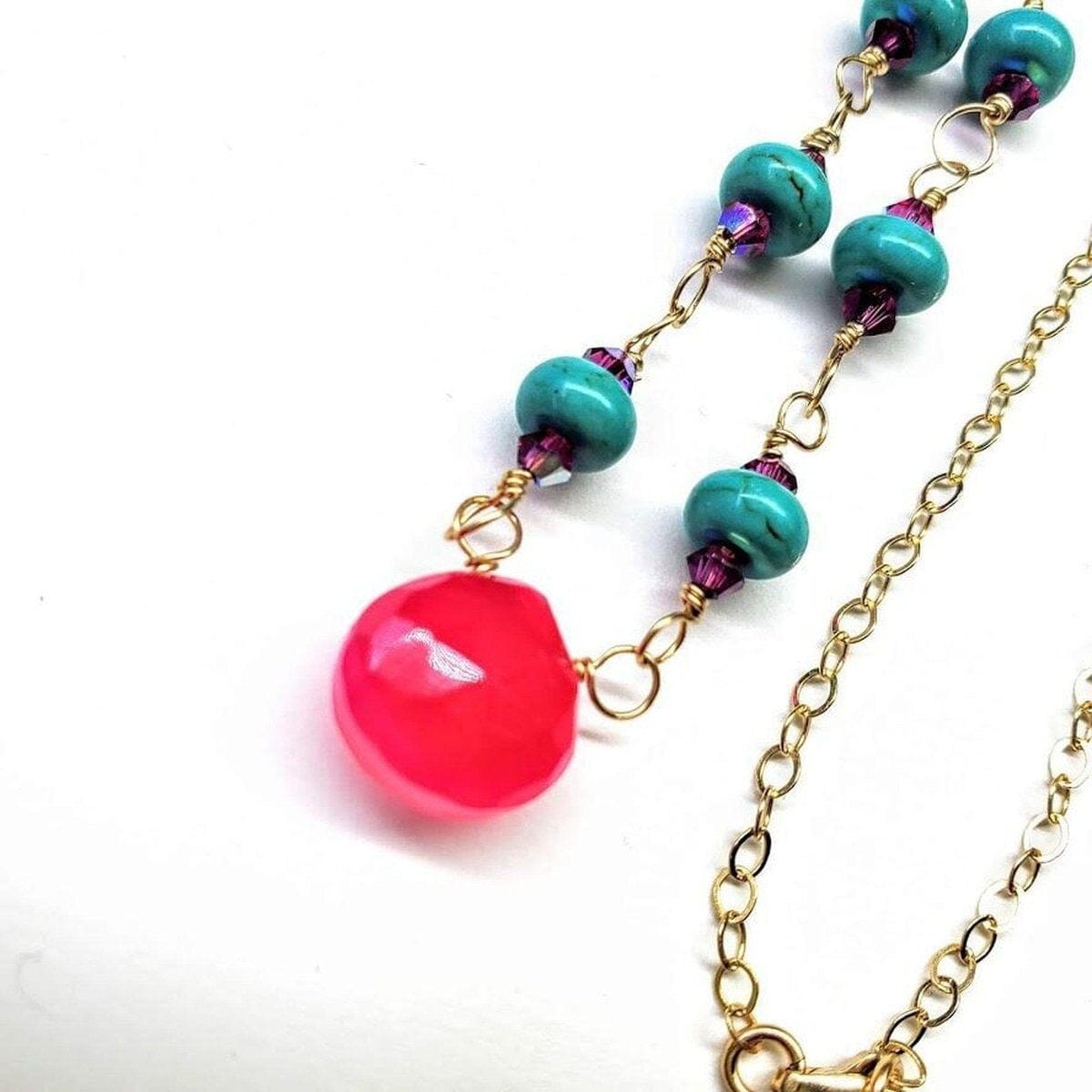 Gold Filled Pink Chalcedony Turquoise Gemstone Drop Necklace by Alexa Martha Designs