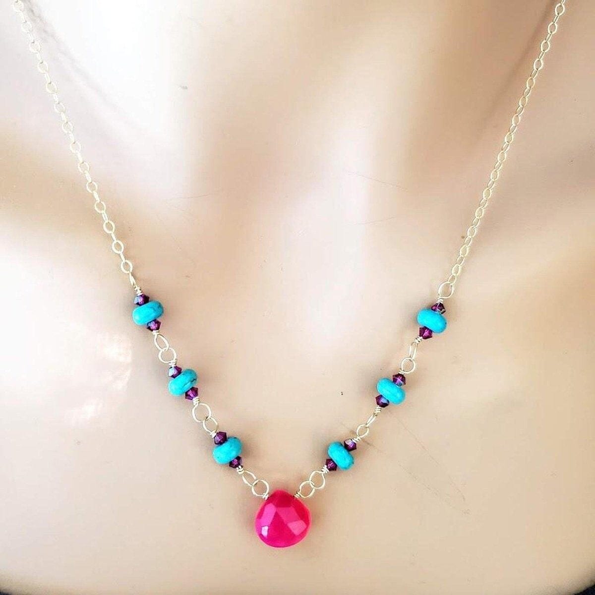 Gold Filled Pink Chalcedony Turquoise Gemstone Drop Necklace by Alexa Martha Designs