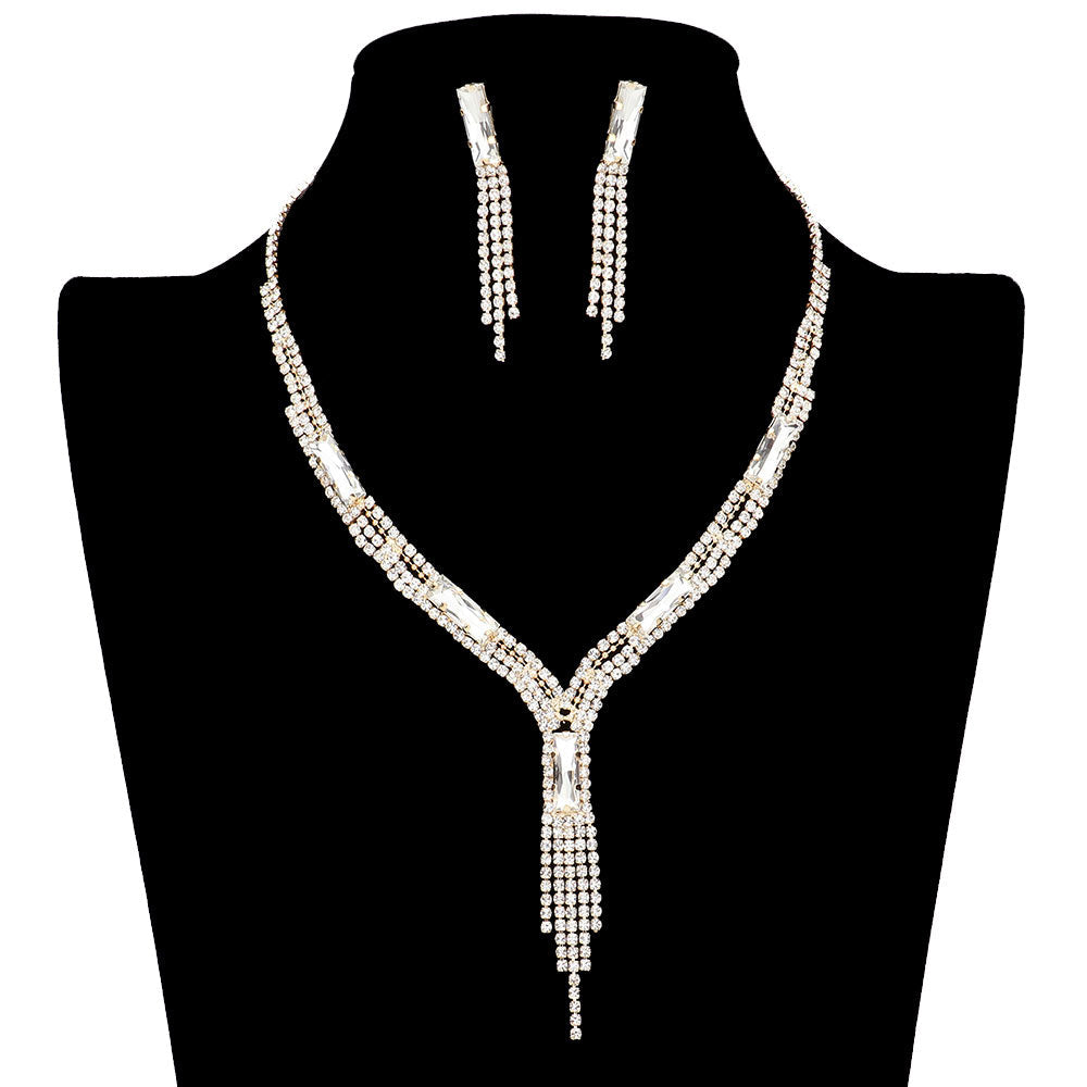 Rectangle Stone Accented Rhinestone Fringe Tip Jewelry Set by Madeline Love