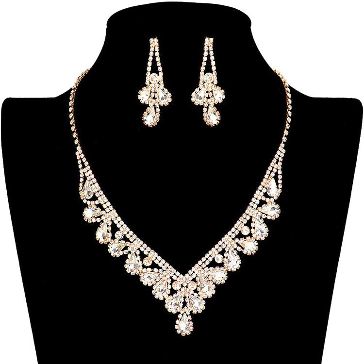 Teardrop Stone Accented Rhinestone Pave Necklace Earring Set by Madeline Love