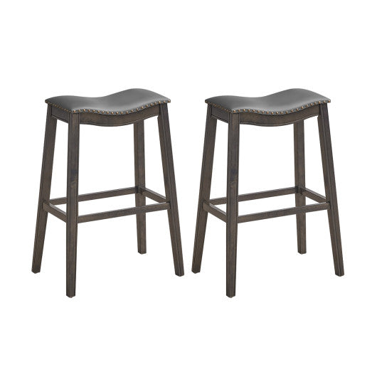 29 Inch Set of 2 Backless Wood Nailhead Barstools with PVC Leather Seat-Gray