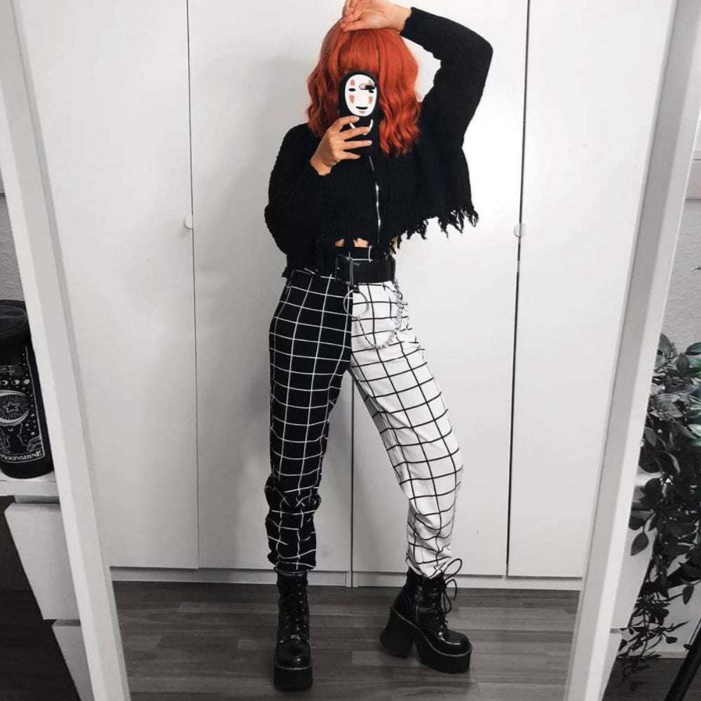 Land of Nostalgia Black and White Plaid Prints Women's Elastic Waist Loose Harem Streetwear Jogger Pants by Land of Nostalgia