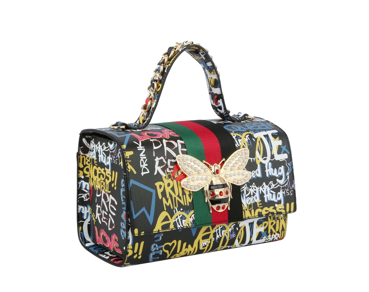 Multi Graffiti Fashion Patent leather Bee Satchel with Wallet shoulder bag by hfstylish