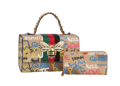 Multi Graffiti Fashion Patent leather Bee Satchel with Wallet shoulder bag by hfstylish