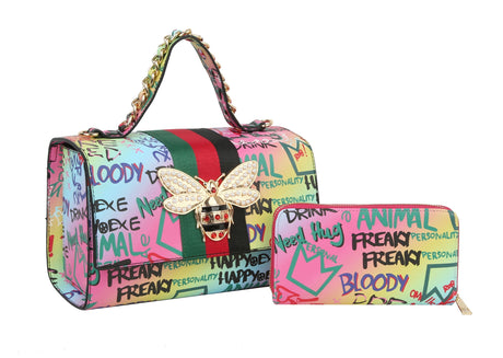 Multi Graffiti Fashion Patent leather Bee Satchel with Wallet shoulder bag by hfstylish