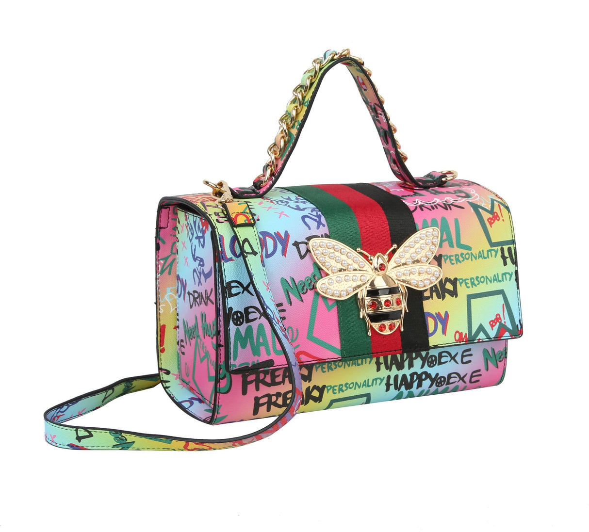 Multi Graffiti Fashion Patent leather Bee Satchel with Wallet shoulder bag by hfstylish