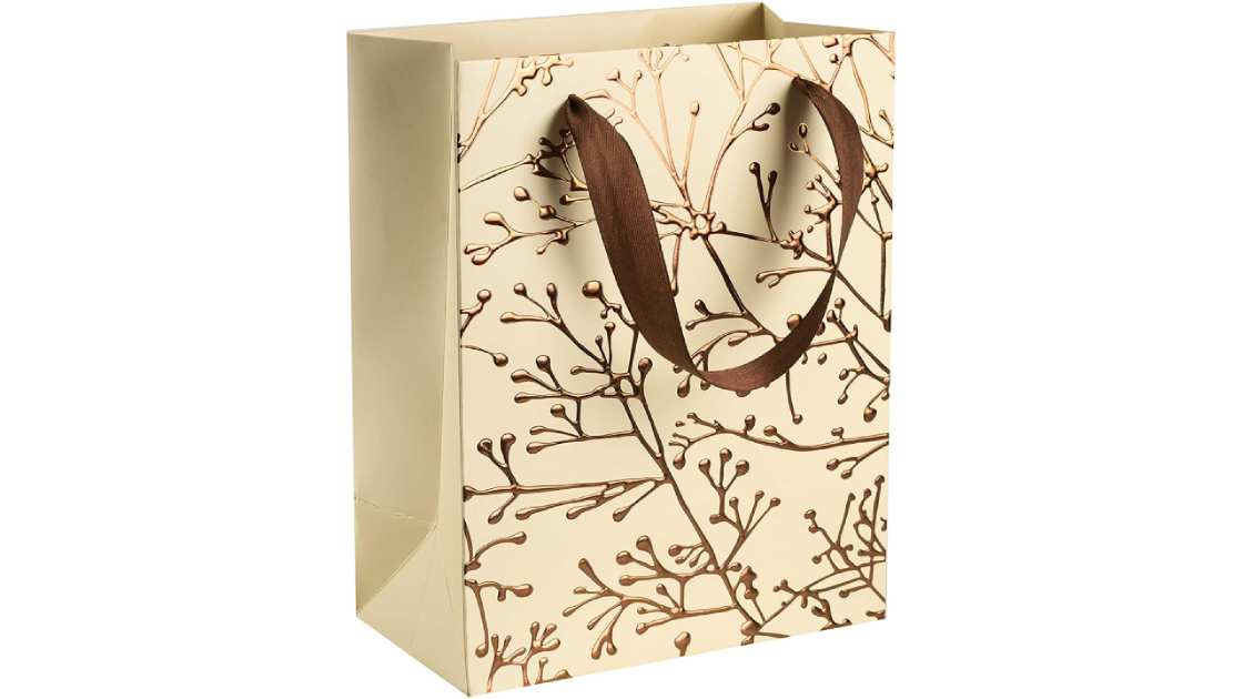 Floral Stems Design 9"X 7"X 4" Bisque Foil Stamped Gift Bags 24 Pack by Hammont