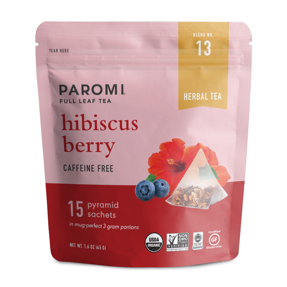 Organic Hibiscus Berry Herbal Tea, Caffeine Free, in Pyramid Tea Bags by Paromi Tea