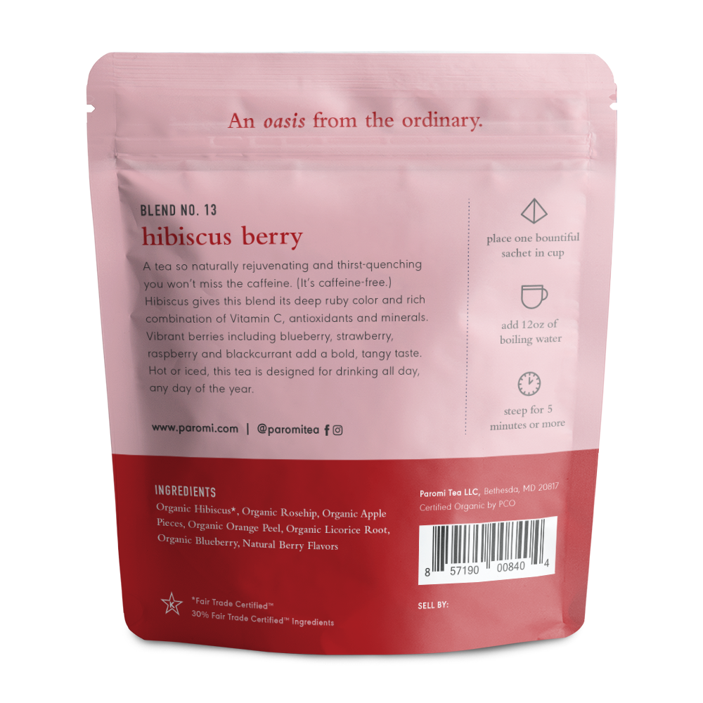 Organic Hibiscus Berry Herbal Tea, Caffeine Free, in Pyramid Tea Bags by Paromi Tea