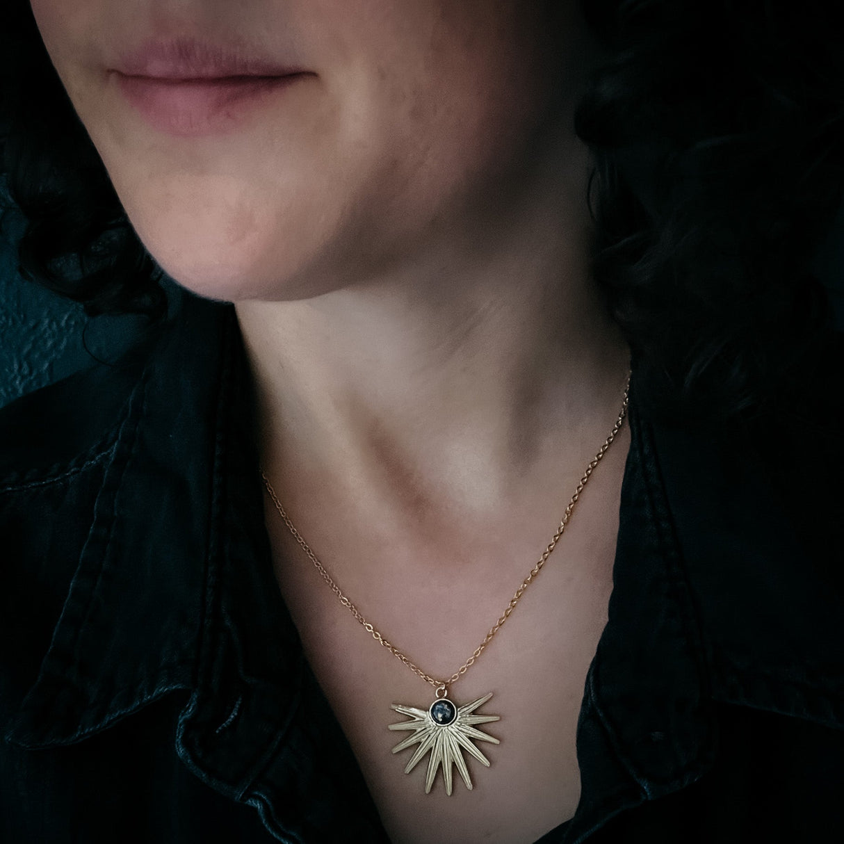 Dark Before the Dawn Sunburst Pendant Necklace with Copper Lapis Lazuli by Yugen Handmade