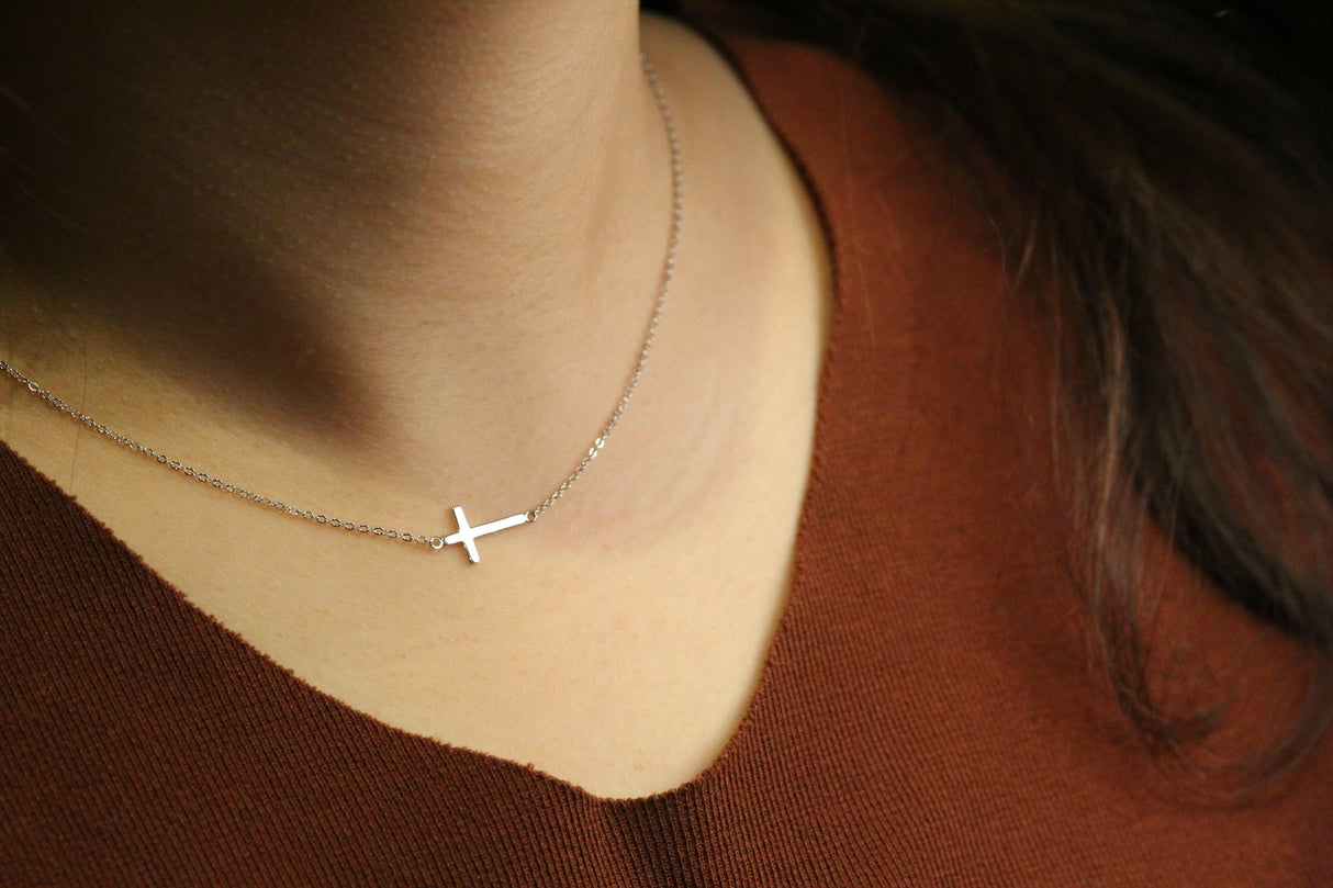 14k Solid Gold Sideways Cross Necklace by VicStoneNYC Fine Jewelry