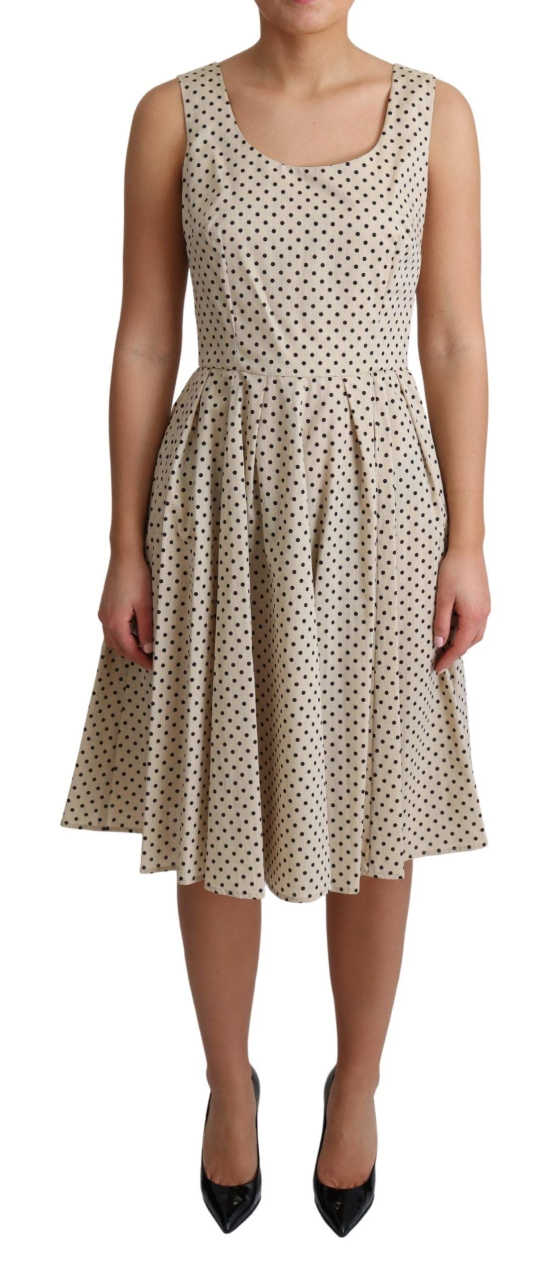 Beige Polka Dotted Cotton A-Line Dress by Faz