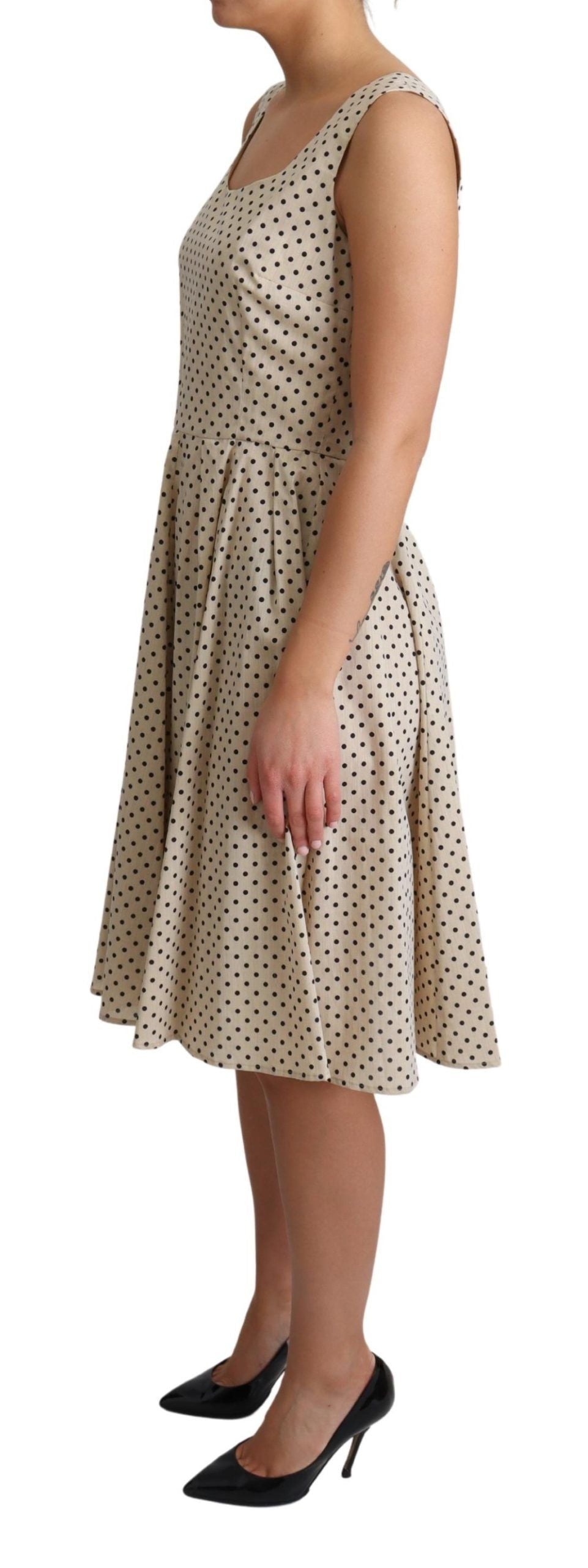 Beige Polka Dotted Cotton A-Line Dress by Faz