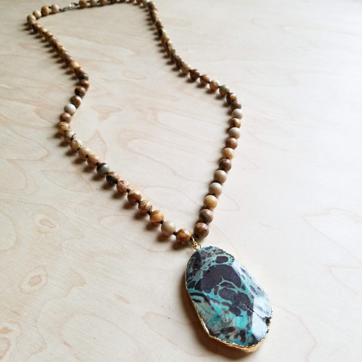 Bohemian Natural JASPER Beaded Necklace with Ocean Agate Pendant 245u by The Jewelry Junkie