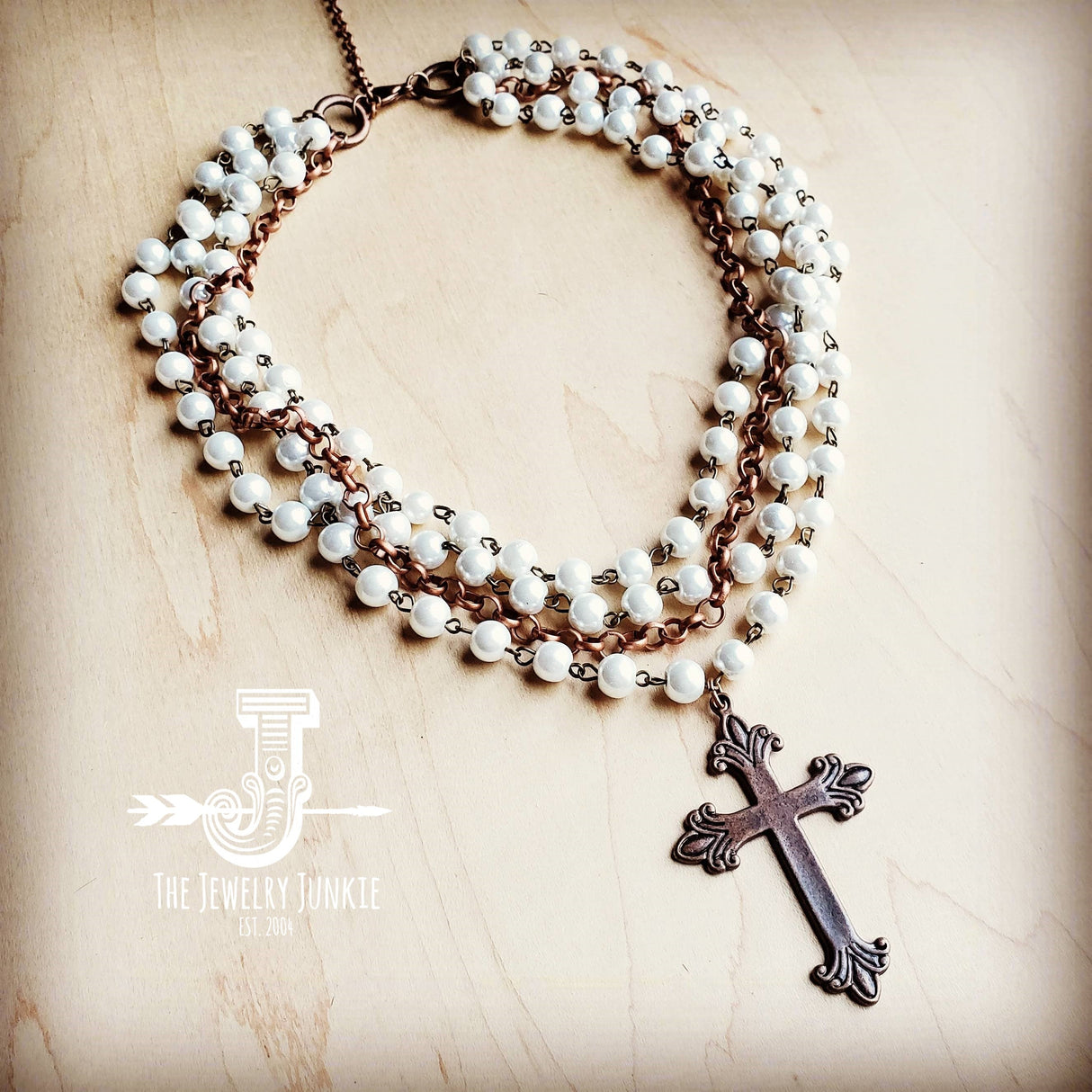 Pearl and Copper Collar-Length Necklace with Copper Cross 114G by The Jewelry Junkie