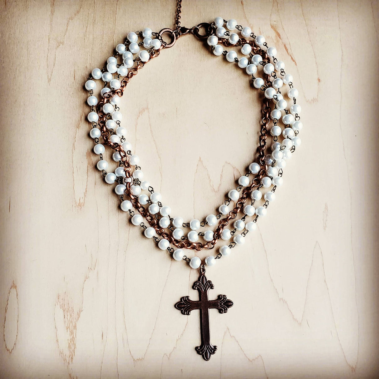 Pearl and Copper Collar-Length Necklace with Copper Cross 114G by The Jewelry Junkie