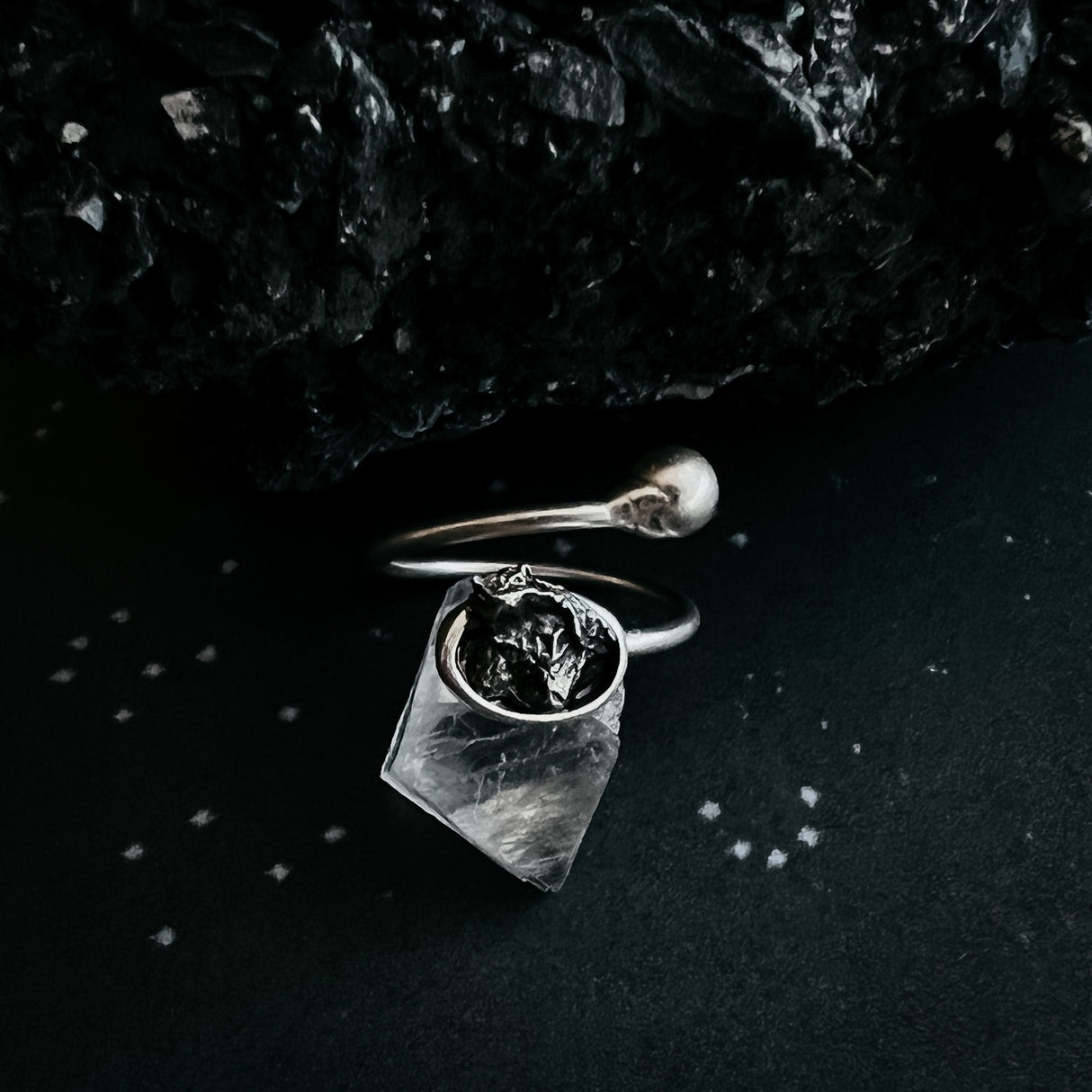 Dainty Oval Wrap Ring with Authentic Raw Meteorite by Yugen Handmade