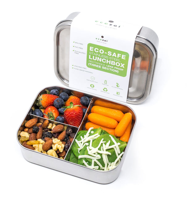 STAINLESS STEEL LUNCH BOX, 3 COMPARTMENT MICROWAVABLE, 24 OZ by ecozoi