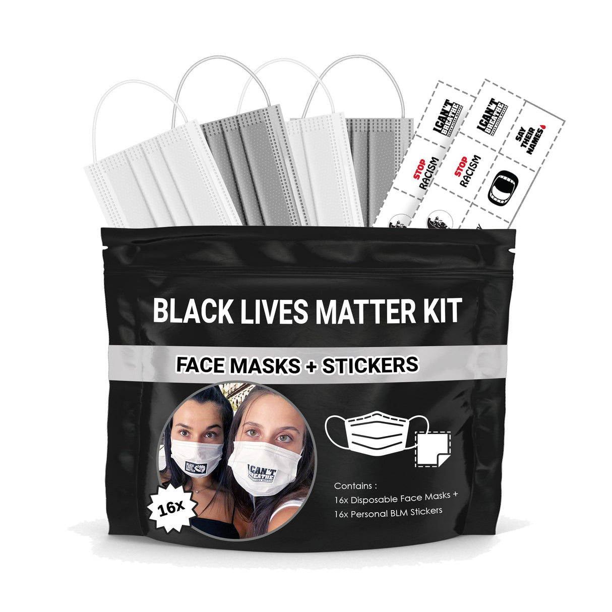 Black Lives Matter Mask Kit + Stickers. 16 Disposable Face Masks & 16 Assorted #BLM Movement Stickers by Skincareheaven