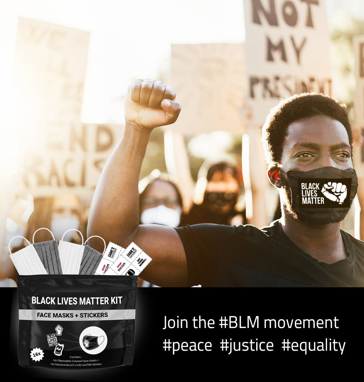 Black Lives Matter Mask Kit + Stickers. 16 Disposable Face Masks & 16 Assorted #BLM Movement Stickers by Skincareheaven