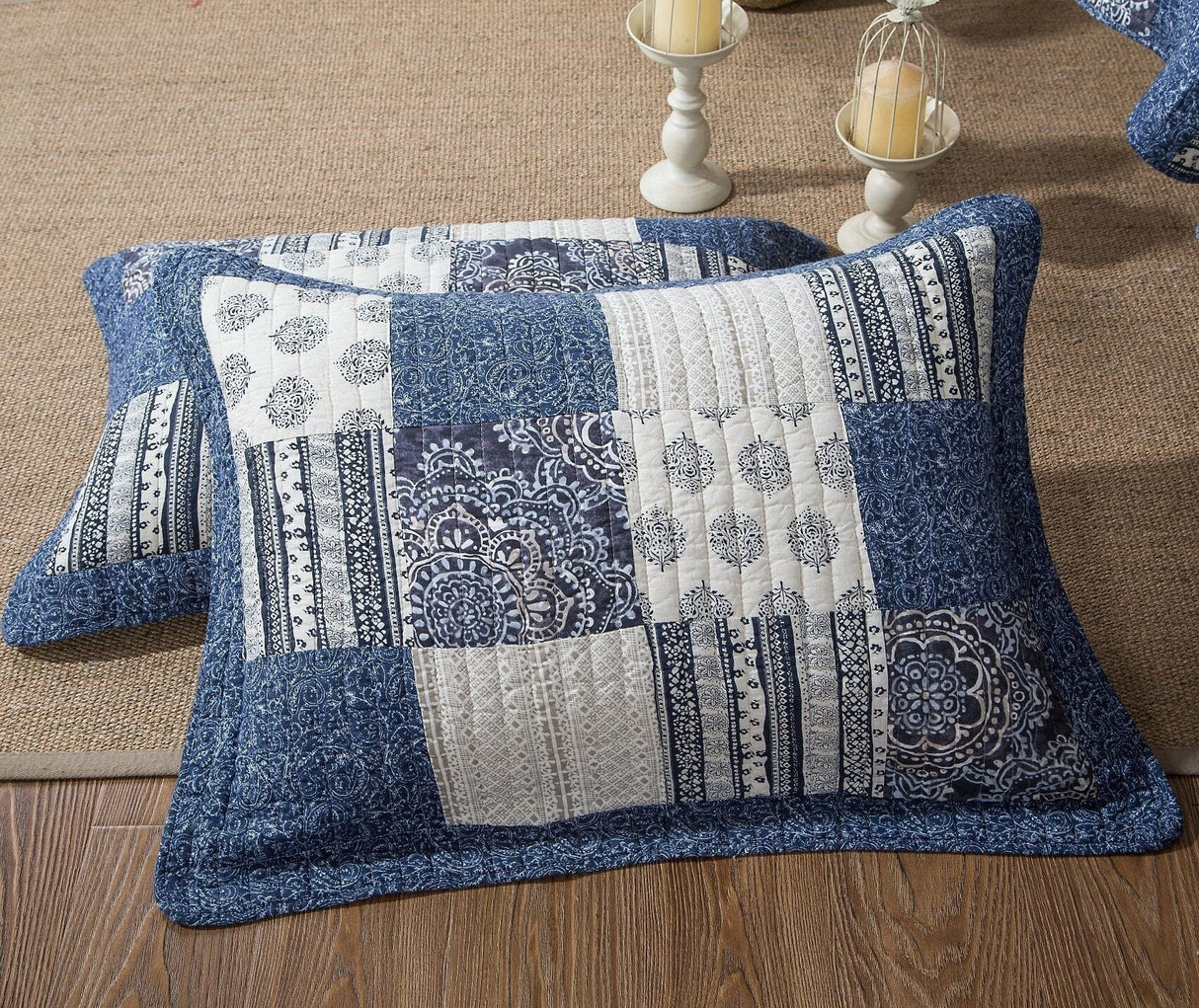 DaDa Bedding Denim Blue Elegance Floral Patchwork Farmhouse Pillow Sham (JHW660) by DaDa Bedding Collection